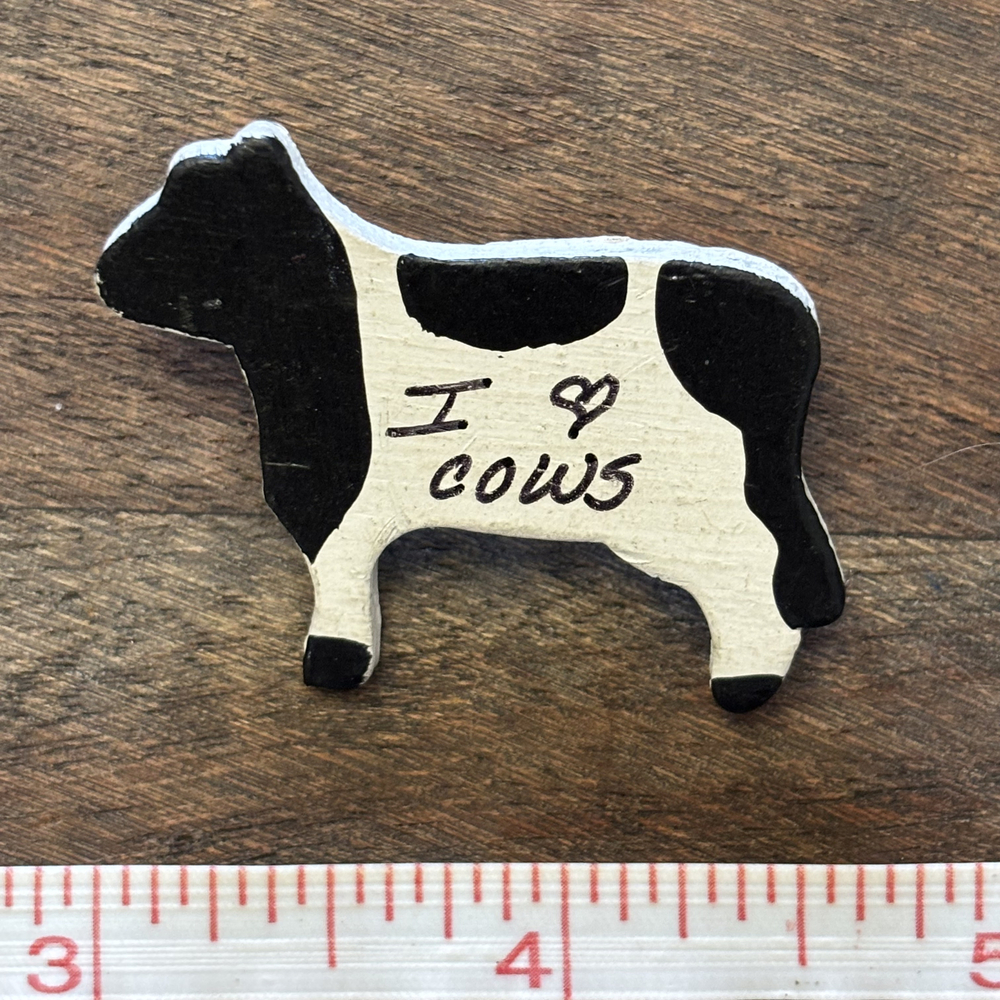 Hand Painted Wood I Love Cows Brooch Black Tone